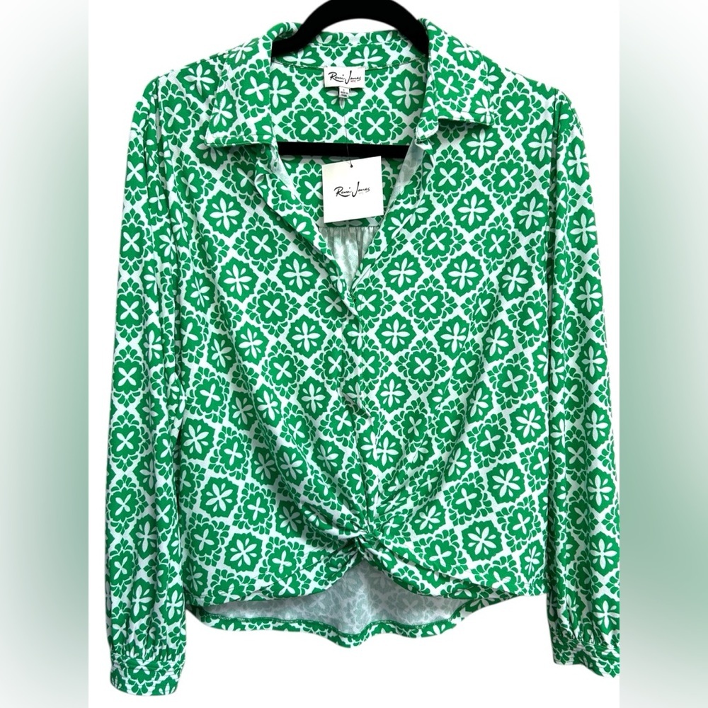 NWT Remi James NYC Women’s‎ Green White Floral Print Wrap Long Sleeve Top Large